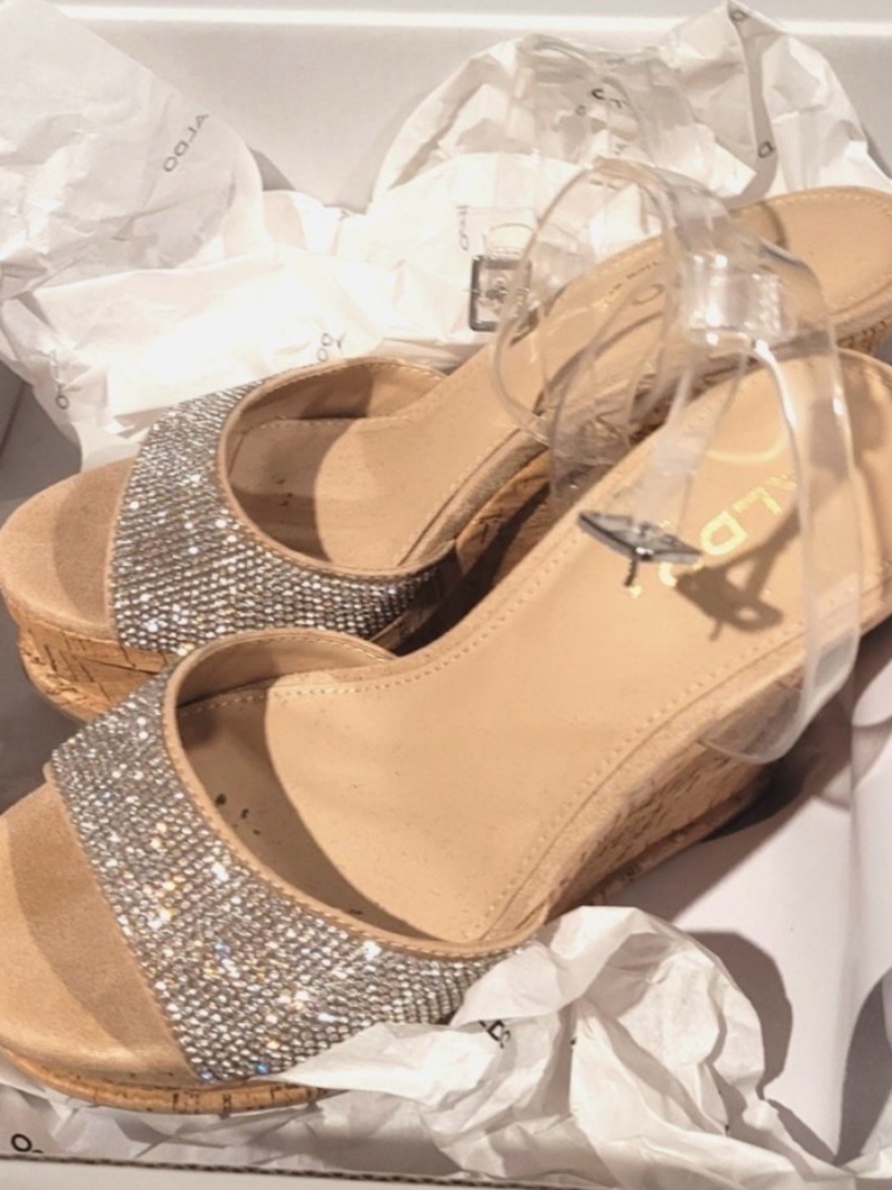 Aldo Vintage Sparkle Cork Wedge Sandals with Clear Ankle Strap
